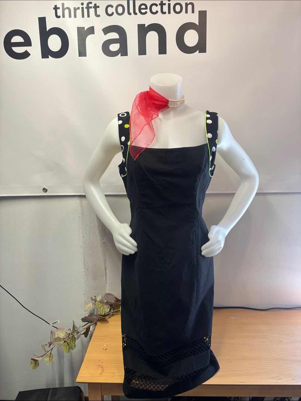 Black Midi Dress with Polka-Dot Straps